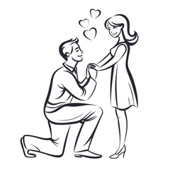 Charming Proposal Illustration A Man Kneels Offering a Ring to an Elegant Woman Surrounded by Symbolic Hearts of Love