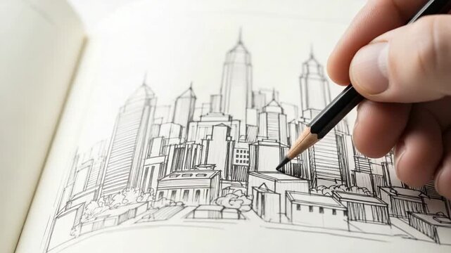 A hand holding a pencil drawing a cityscape with skyscrapers on a white page in a sketchbook