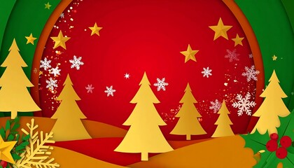 Festive Christmas scene with gold Christmas trees, snowflakes, and stars, set against a red and green background, evoking a cheerful and wintery holiday mood.
