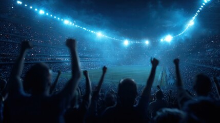 Energized supporters cheer passionately under bright blue lights at a packed stadium during an evening football match, creating an electric atmosphere of excitement.
