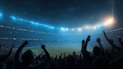 A massive crowd fills the stadium as excited fans cheer enthusiastically for their team. The match unfolds under bright lights, creating an electric atmosphere as players compete fiercely.