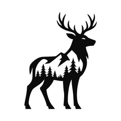 Double Exposure Deer Silhouette with Forest and Mountain Vector Illustration