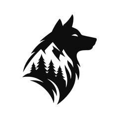 Double Exposure Wolf Silhouette with Forest and Mountain Vector Illustration