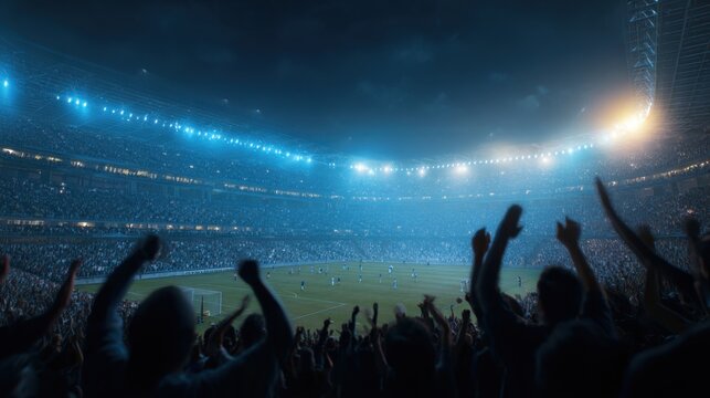 A massive crowd fills the stadium as excited fans cheer enthusiastically for their team. The match unfolds under bright lights, creating an electric atmosphere as players compete fiercely.