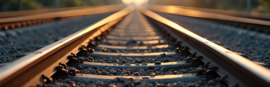 Close-up of parallel railway tracks bathed in warm sunset light. Gravel bed, metal rails, and fasteners are visible. Perspective creates sense of endless journey and movement towards distant horizon.
