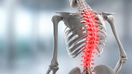 Obraz premium A 3D representation of a human spine, clearly illustrating the vertebrae and nerves. Red highlights indicate areas of potential discomfort or injury, emphasizing spinal health.