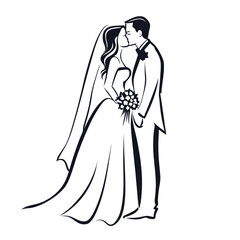 Elegant Wedding Illustration of a Bride and Groom Sharing a Kiss on Their Special Day