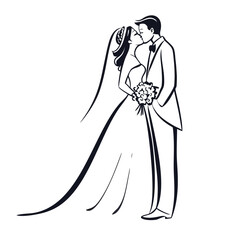 Elegant Wedding Illustration of a Bride and Groom Sharing a Kiss on Their Special Day