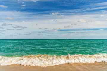 Romantic summer vacation seascape. Seascape horizon paradise. Sea sunrise on ocean beach. Sunset seascape at summer vacation. Horizon with sea cloudy sky. Calm horizon at sea. Beach with waves