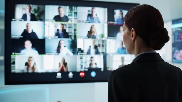 Professional woman attending virtual business meeting with multiple participants on video conference screen. Remote work collaboration, online team communication, digital corporate networking - Powered by Adobe