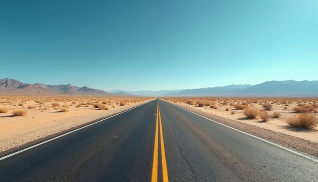 Long, straight highway stretches through flat, arid desert landscape under clear blue sky. Cracked asphalt road flanked by sparse, dry brush, distant, hazy mountains, creating sense of vastness,
