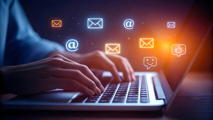 Hands typing on laptop with digital communication icons floating above representing online messaging and connectivity