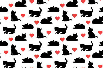 Little Cat silhouette black seamless pattern with red hearts.