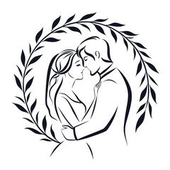 Elegant Wedding Day Illustration a Romantic Couple Framed by Delicate Leaves and Branches Forever United in Love