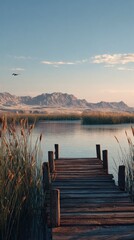 Naklejka premium Tranquil wooden dock on a calm lake, mountains in the background