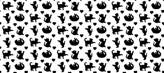 Seamless pattern Little Cat silhouette with hearts.