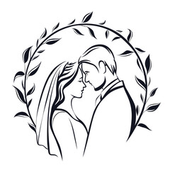 Elegant Wedding Silhouette Embracing Couple in Love Groom in Suit Bride in Gown Vector Art Romantic Illustration