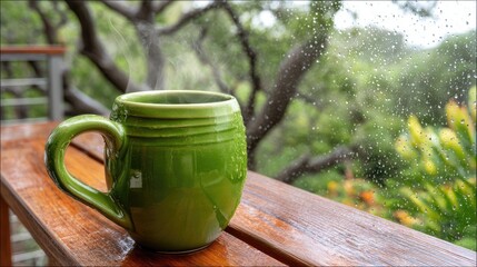 Green mug with steam on a wooden table on a rainy day.