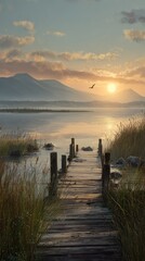 Fototapeta premium Misty sunrise over a tranquil lake, wooden pier