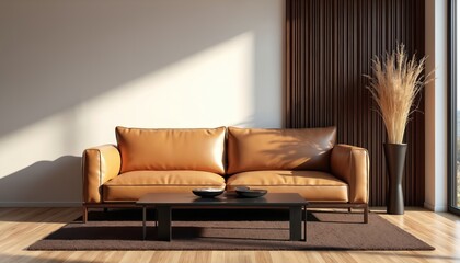 Modern living room features camel leather sofa with fluted wood panel wall background. Minimalist Scandinavian interior design with comfortable armchair, coffee table, decorative plant. Bright,