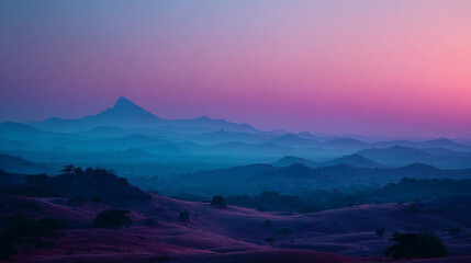 Naklejka premium Landscape view of blue and pink mountains at sunrise, soft morning light illuminating peaks, serene natural scenery ideal for travel, inspiration, and scenic visual projects.
