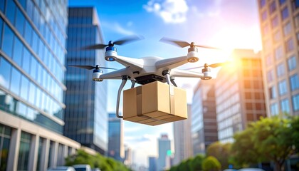 A drone delivers a package in a vibrant city setting, showcasing a modern approach to urban logistics.