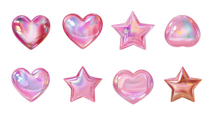 Pink 3D vector icon set with holographic hearts and stars - isolated on transparent background 