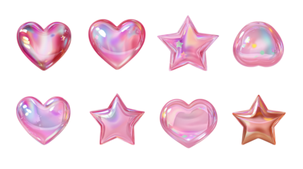 Pink 3D vector icon set with holographic hearts and stars - isolated on transparent background 