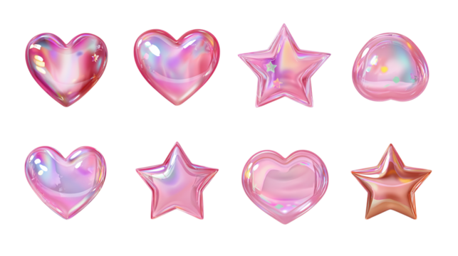 Pink 3D vector icon set with holographic hearts and stars - isolated on transparent background  - Powered by Adobe