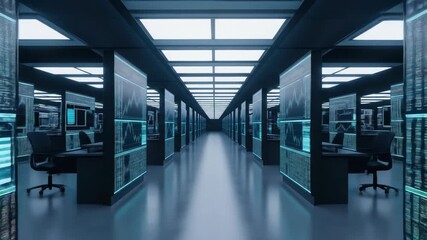 Futuristic Data Center: A Visualization of High-Tech Server Room with Screens Displaying Financial Data - Powered by Adobe