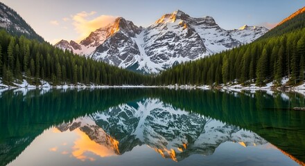 Mountain Lake Reflecting Snow-Capped Peaks in Morning Light