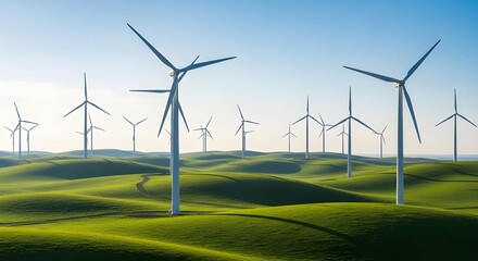 Wind Turbines on Green Hillside under Blue Sky