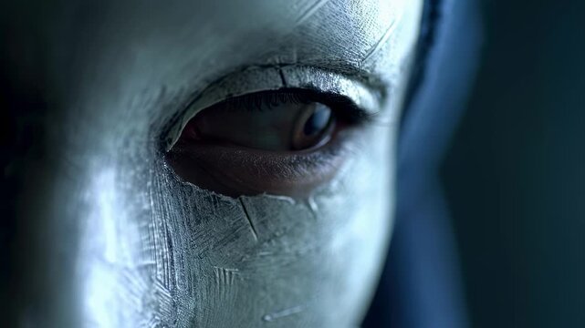 Detailed medium shot of a face partially obscured by a mask eyes piercing and concentrated revealing subtle emotional detachment and manipulative intent background faintly blurred.