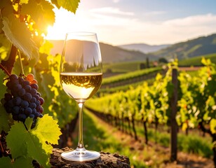 Wine glass in vineyard at sunset