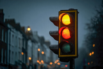 Moody composition of a British traffic signal glowing at dusk. Red, yellow, and green lights contrast with blurred cityscape, reflecting urban movement, evening transition, and the rhythm of modern En