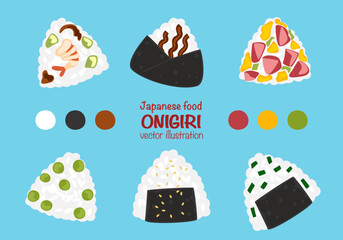 Complete vector collection of Japanese Onigiri rice balls with various toppings and fillings, isolated on a white background. Perfect for menu decoration, packaging, Asian food design and decoration.