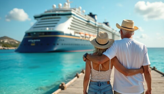 Affectionate senior couple embracing on a wooden pier with a large cruise ship in the background. They wear sun hats, enjoying a tropical vacation by the clear blue sea, ready for a romantic journey.