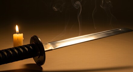Blade of Shadows: A katana sword, bathed in a warm glow beside a lit candle, exudes an air of history and mystery, with wisps of smoke weaving through the frame.