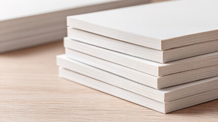 close-up of neatly stacked blank white notebooks resting on light wood surface, clean minimalist composition suitable for mockups