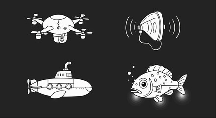 Illustrations of drone, submarine, fish, and sonar on dark background  