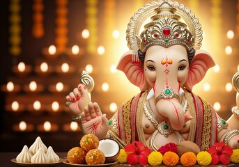 Happy Ganesh Chaturthi 2025 themed poster with Lord Ganesha idol and festival elements