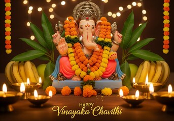 Happy Ganesh Chaturthi 2025 themed poster with Lord Ganesha idol and festival elements
