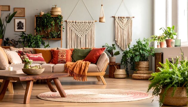 A light-filled living room boasts a boho-chic style, with warm earth tones, macrame wall hangings, and abundant greenery.