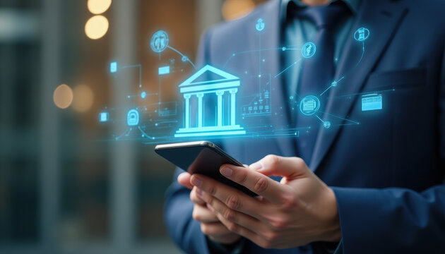 Businessman using smartphone with digital banking icons in modern office setting, conveying innovation and financial technology advancements.