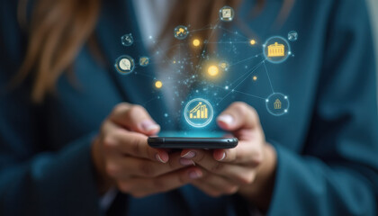 Businesswoman Engaging with Digital Data on Smartphone in Modern Office Setting