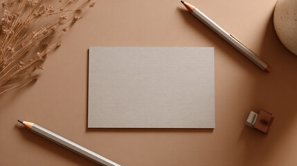 Minimalist top-down of blank card and neutral-toned pen and pencil, arranged on warm neutral background, high-resolution clean mockup scene