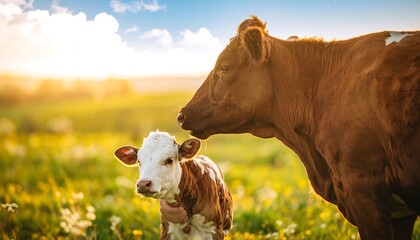 A heartwarming scene of a mother cow and her calf in a sunlit meadow, showcasing a tender moment between them.