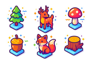 Cute forest creatures and plants with deer, fox, and mushrooms