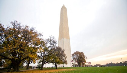 Majestic Washington Monument stands tall amidst autumnal foliage, bathed in soft, diffused light.