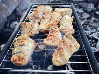 Juicy pieces of seasoned meat sizzling on a grill over hot coals in an outdoor rustic environment, perfect for showcasing barbecue cooking and dining outdoors.